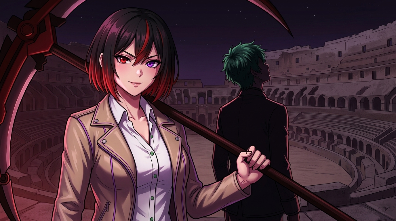 Woman holding scythe on roof 20260922192654