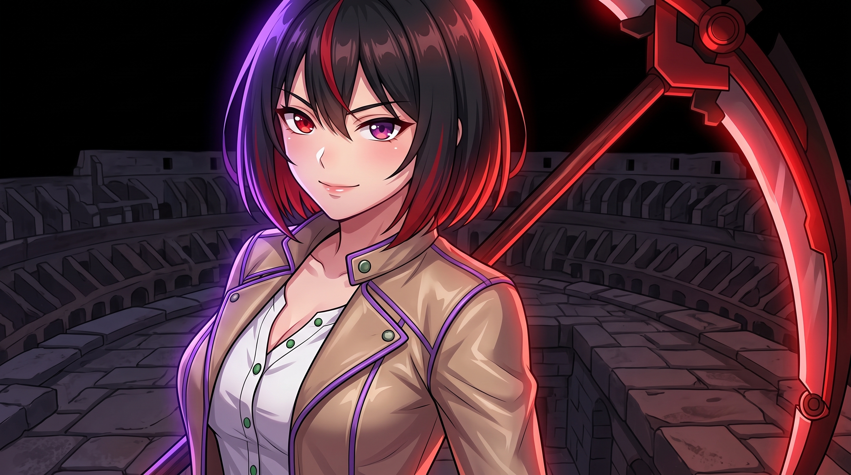 Woman holding scythe on roof 2K 20260922192335